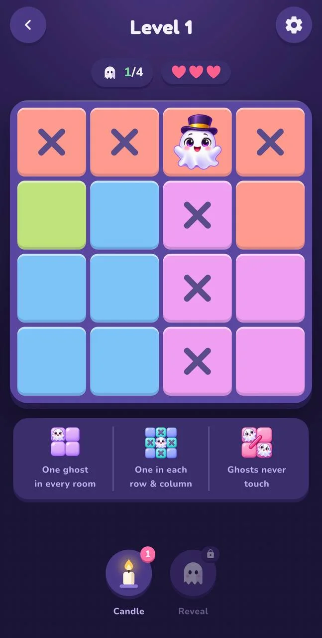 Level 1 of Ghostdoku: a four-by-four board of coloured rooms with one ghost placed and crosses marking cells that cannot hold a ghost.